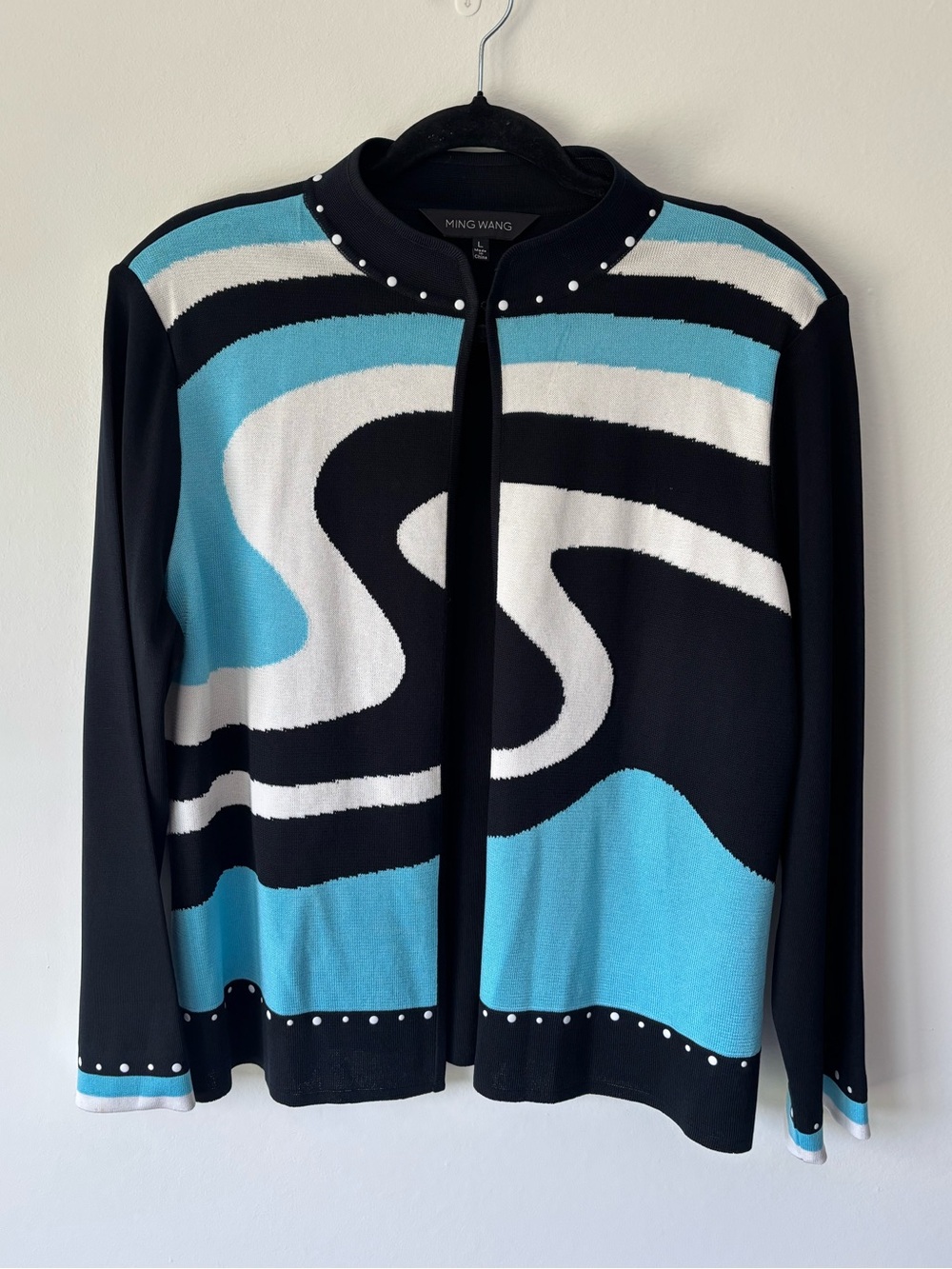 Ming Wang Knit Abstract Cardigan Sweater Black Blue White Eclectic Art-core